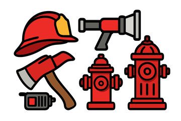 Essential fire department safety gear, rescue tools, and emergency response equipment including hydrants and communication devices