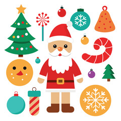 Vector art of a vibrant assortment of christmas elements featuring santa claus, a decorated christmas tree, ornaments, a candy cane, a snowflake, and a gift, all presented on a clean