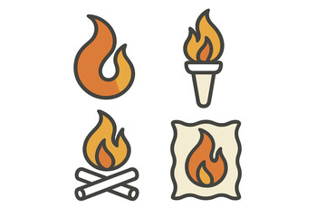 Fire and flame symbols including burning torch, traditional campfire, and abstract fiery elements for heat, energy, danger