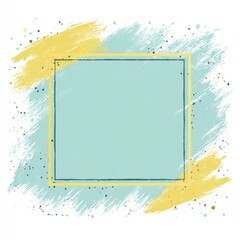 A light teal square frame is highlighted by a gold-toned border against a backdrop of textured yellow and light teal paint strokes.