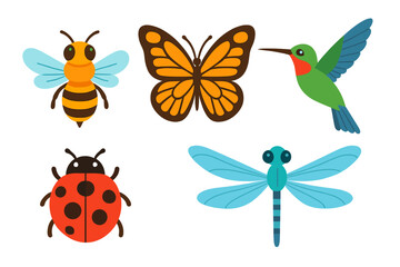 Vibrant collection of flying wildlife including a bee, butterfly, hummingbird, ladybug, and dragonfly