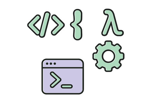 Programming and software development icons with code tags, curly braces, lambda, gear, and terminal