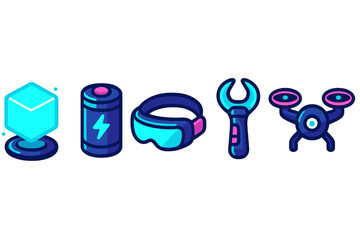 Modern technology icons featuring virtual reality headset, battery, drone, wrench, and holographic cube symbols for digital concepts