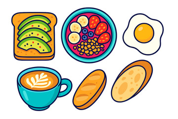 Collection of healthy breakfast food items including avocado toast, fruit bowl, coffee, fried egg, and bread