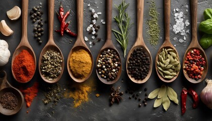 Eight wooden spoons filled with vibrant spices and herbs arranged on dark slate, showcasing culinary diversity and richness.