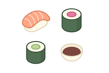 Delicious isometric sushi set featuring various nigiri, maki rolls, and a bowl of soy sauce for Japanese cuisine © icon_art