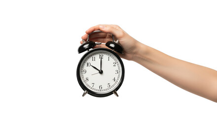 Hand holding an old fashioned alarm clock isolated on transparent background