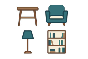 Contemporary home furniture and decor elements including armchair, lamp, table, and bookshelf for modern interior design