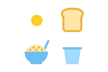 Simple breakfast food icons featuring bread, egg, cereal, and a cup for morning meals