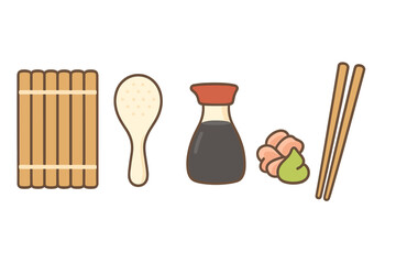 Sushi making tools and condiments set with rolling mat, rice paddle, soy sauce, ginger, wasabi, and chopsticks
