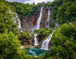 Obraz premium Lush forest surrounds cascading waterfalls into a turquoise pool