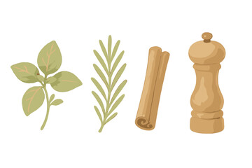 Various cooking essentials like fragrant basil and rosemary herbs, a rolled cinnamon stick, and a classic wooden pepper grinder