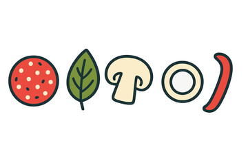 Assortment of fresh food ingredients for cooking and meal preparation featuring pepperoni, basil, mushroom, onion, and chili pepper