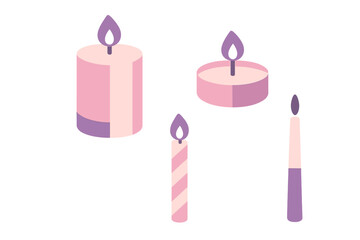 Stylized pink and purple candles in various shapes and sizes, some with glowing flames, creating a warm ambiance