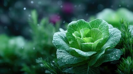 Close Up of a Fresh Green Cabbage Vegetable with Water Droplets Against Blurred Greenery in an Outdoor Setting