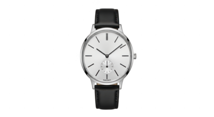 Elegant vintage oval wristwatch with black leather strap isolated on transparent background