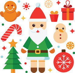 Fototapeta premium Vector art of flat design illustration of christmas elements including santa claus, gingerbread man, candy cane, christmas tree, and ornaments