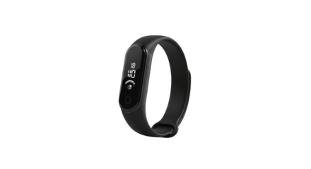Black fitness tracker bracelet with digital display isolated on transparent background