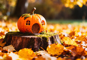 A carved pumpkin resembling a fairy cottage sits on a tree stump, surrounded by vibrant autumn leaves. The pumpkin features small windows and a green moss top.