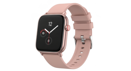 Modern rose gold smartwatch with pink strap isolated on transparent background