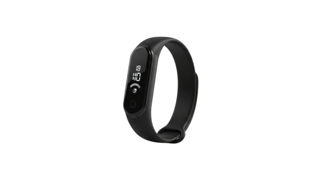 Black fitness tracker bracelet with digital display isolated on transparent background