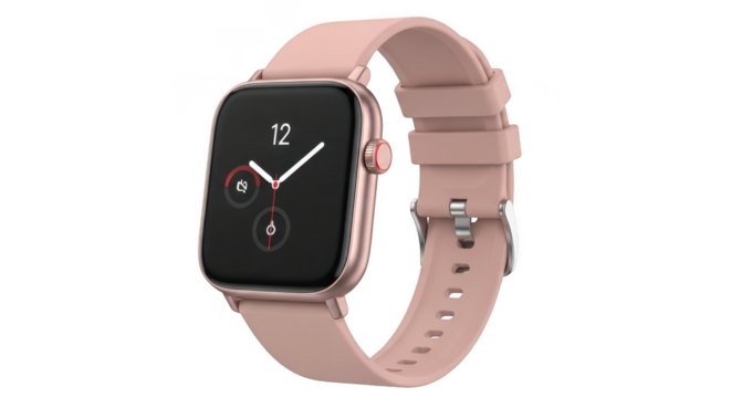 Modern rose gold smartwatch with pink strap isolated on transparent background