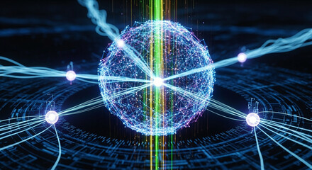 Futuristic visualization of a glowing digital core, representing a complex network, data processing, or quantum computing.