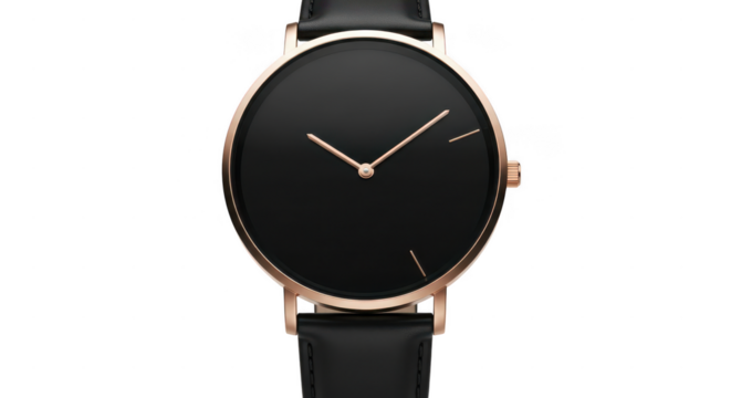 Elegant oval black dial wristwatch with rose gold bezel isolated on transparent background