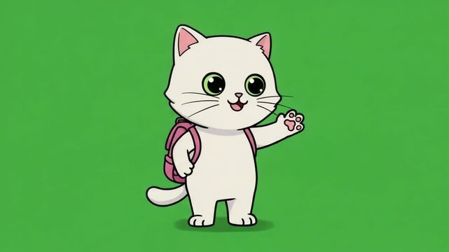 2D Animated Student Cat with Backpack on Green Screen
