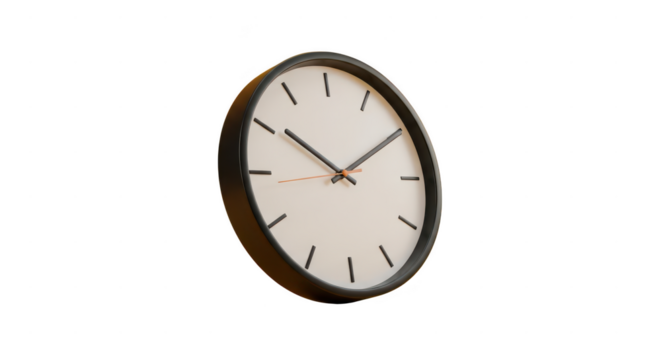 Classic round wall clock with hour and minute hands isolated on transparent background