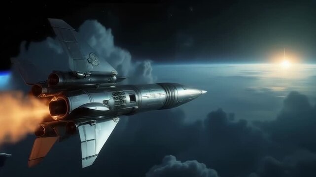 A missile with a nuclear warhead flies above the Earth, invincible force and danger