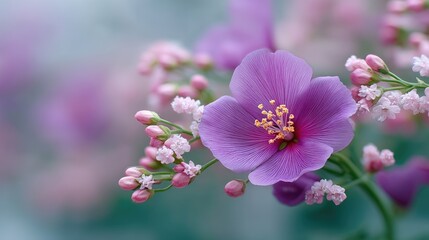 Fototapeta premium Close Up of a Pink Flower Blossom with Yellow Stamens and Buds on a Soft Focus Background in Pastel Colors, Macro Photography