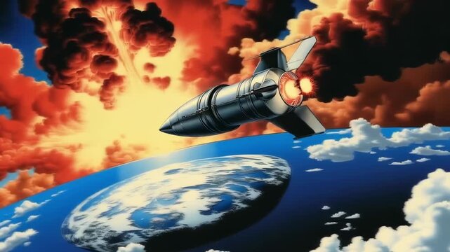 A missile with a nuclear warhead flies above the Earth, invincible force and danger