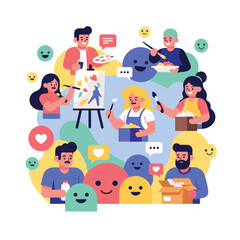 Illustration of people painting and creating with social media icons surrounding them all together