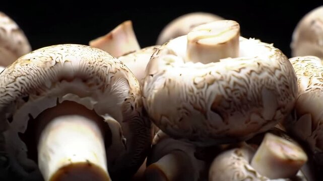 A detailed macro closeup shot of a pile of fresh raw white button champignon mushrooms rotating slowly against a clean isolated black background for culinary and cooking concepts.