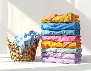 Stacked colorful laundry and wicker basket