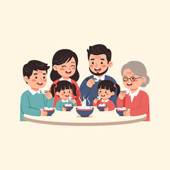 Illustration of a family of six eating together around a table with bowls and chopsticks smiling