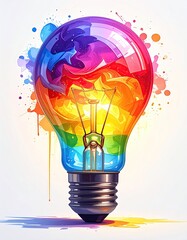 Colorful glowing lightbulb with vibrant paint splatter