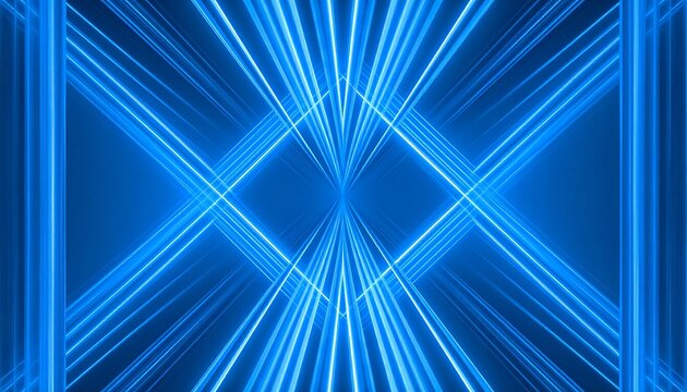 Neon blue light beams crisscross in a symmetrical design