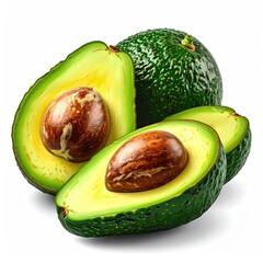 Fresh avocados, cut in half, displaying the pit