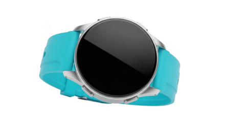 Close up of a turquoise smartwatch with a blank black screen isolated on transparent background
