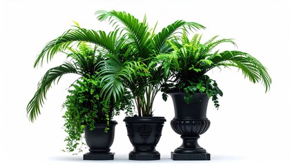 Three dark-toned planters, filled with various lush greenery, palms, ferns, and other plants