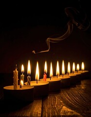 Burning candles, warm glow,  festive,  smoke rising