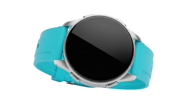 Close up of a turquoise smartwatch with a blank black screen isolated on transparent background