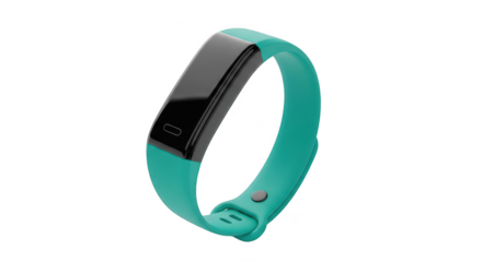Modern teal fitness tracker band with black screen isolated on transparent background