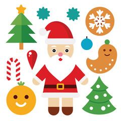 Fototapeta premium Vector art of whimsical flat christmas icons displaying santa claus, gingerbread shape, fir tree, candy stick, bauble, and snowflake