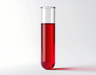 Clear glass test tube filled with red liquid on a light background