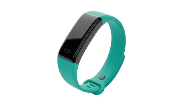 Modern teal fitness tracker band with black screen isolated on transparent background