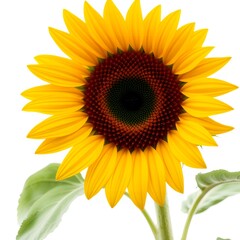 Fototapeta premium Close up view of a vibrant yellow sunflower with a detailed dark center and green leaves