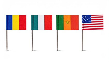 Four small flags on pins, representing Romania, Italy, Togo, and USA